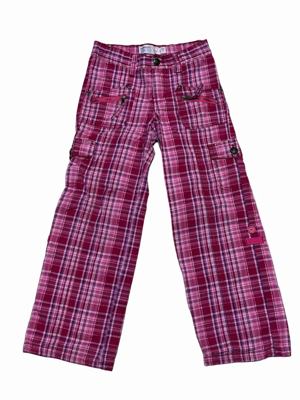 The Children’s Place Girls Pink Plaid Cargo Pants Zip Pockets Size 6X/7